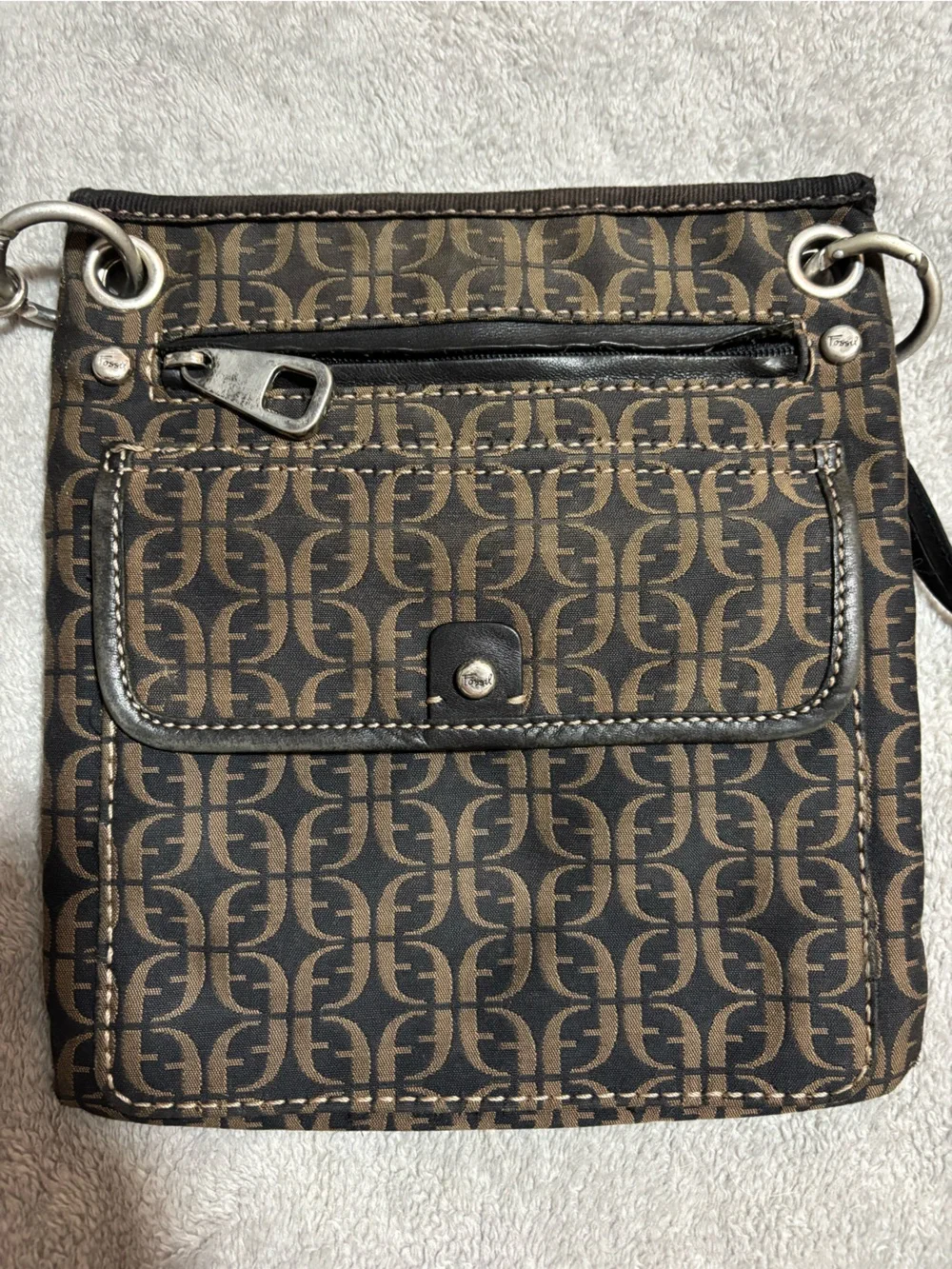 Fossil Brown and Black Patterned Messenger Crossbody